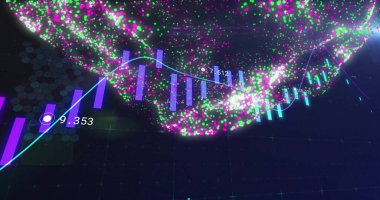 Siyah arka planda bağlantıları olan finansal veri işleme ve küre görüntüsü. Küresel finans, iş, bağlantılar, hesaplama ve veri işleme kavramı dijital olarak oluşturuldu.