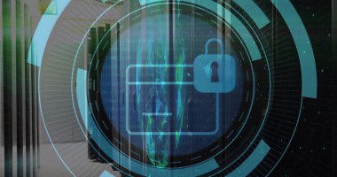 Yuvarlak tarayıcıda güvenlik kilidi simgesi ve sunucu odasına karşı plexus ağlarının küresi. Siber güvenlik ve iş veri depolama teknolojisi kavramı