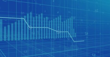 Mavi arka planda finansal veri işleme resmi. Küresel finansman, iş ve dijital arayüz kavramı dijital olarak oluşturulmuş görüntü.