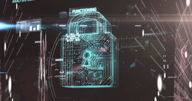 İletiler ve çevrimiçi güvenlik kilidiyle dijital arayüz veri işleme resmi. Küresel teknoloji çevrimiçi ağ konsepti dijital olarak oluşturulmuş görüntü.