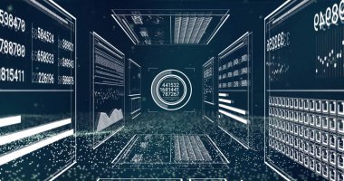 Siyah arkaplanda veri işleme resmi. Küresel teknoloji, çevrimiçi güvenlik, bilgisayar ve dijital arayüz kavramı dijital olarak oluşturuldu.