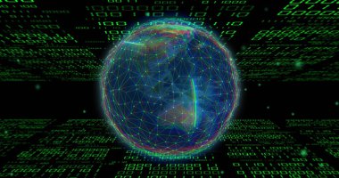 Dünya üzerinde ikili kodlama veri işleme görüntüsü. Küresel yapay zeka, bağlantılar, hesaplama ve veri işleme kavramı dijital olarak oluşturuldu.