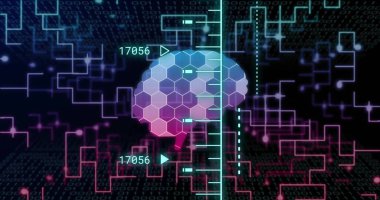 Siyah arkaplan üzerinde insan beyni ve dijital veri işleme görüntüsü. Küresel bilim, bağlantılar, hesaplama ve veri işleme kavramı dijital olarak oluşturulmuş görüntü.