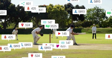 Image of digital data processing over diverse cricketers on field. Global sports, social media, connections, computing and data processing concept digitally generated image. clipart