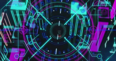 Siyah arkaplanda havadan neon şehir manzarası üzerinde işlenen dairesel tarayıcı görüntüsü. Ağ, veri, bağlantı, işlem, dijital arayüz ve iletişim, dijital olarak oluşturulmuş resim.