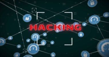 Metni hackleme görüntüsü, simgeler ve veri işleme ile bağlantı ağı. Dijital olarak oluşturulmuş küresel bağlantılar, hesaplama ve veri işleme kavramı.