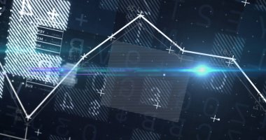 Mavi zemin üzerinde istatistiksel veri işleme üzerine ışık noktası resmi. Bilgisayar arayüzü ve iş veri teknolojisi kavramı