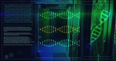 Sunucu odasındaki DNA iplikçikleri ve veri işleme resimleri. Küresel bilim, tıp, bilgisayar ve dijital arayüz kavramı dijital olarak oluşturulmuş görüntü.