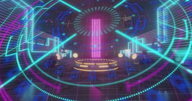 Renkli dairesel tarayıcının karanlık odada, neon ışıklarıyla podyumun üzerinde işlem yaptığı görüntü. Ağ, veri, bağlantı, görüntü, dijital arayüz ve iletişim, dijital olarak oluşturulmuş resim.