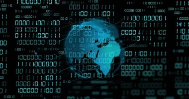 Dünya üzerinde ikili kodlama veri işleme görüntüsü. Küresel yapay zeka, bağlantılar, hesaplama ve veri işleme kavramı dijital olarak oluşturuldu.