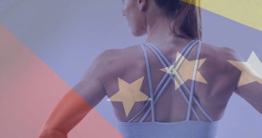 Beyaz kadın atlet üzerinde Venezuela bayrağı resmi. Küresel spor, spor disiplinleri ve bayraklar konsepti dijital olarak oluşturulmuş görüntü.