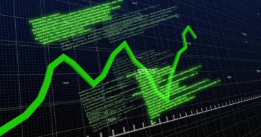 Siyah arkaplan üzerinden finansal veri işleme resmi. Küresel finans, iş, bağlantılar, hesaplama ve veri işleme kavramı dijital olarak oluşturuldu.