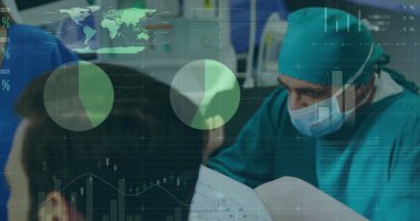 Çeşitli cerrahların veri işleme görüntüsü. Küresel tıp, bağlantılar, hesaplama ve veri işleme kavramı dijital olarak oluşturulmuş görüntü.