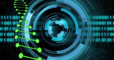 Veri işleme ve kapsam taraması üzerinde DNA ipliği resmi. Küresel bilim, tıp, bilgisayar ve dijital arayüz kavramı dijital olarak oluşturulmuş görüntü.