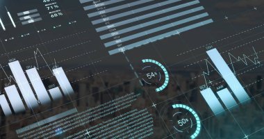 Gökyüzüne karşı modern şehir manzarasının havadan görüntüsü üzerinden bilgi arayüzü. Dijital bileşik, çoklu pozlama, rapor, iş, büyüme, ilerleme, küresel, binalar ve mimari.