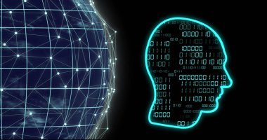 Kafa ve dünya üzerinde ikili kodlama veri işleme görüntüsü. Küresel yapay zeka, bağlantılar, hesaplama ve veri işleme kavramı dijital olarak oluşturuldu.