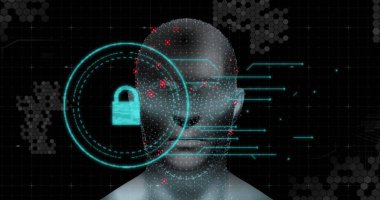 Dijital arayüz güvenlik kilidiyle parlayan insan kafası görüntüsü. küresel teknoloji bilgi bağlantısı ağ konsepti dijital olarak oluşturulmuş görüntü.