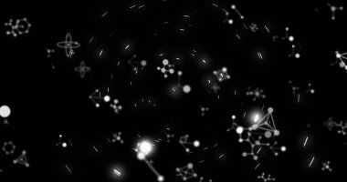 Siyah arkaplanda dönen moleküllerin görüntüsü. Bilim, ışık ve renk kavramı dijital olarak oluşturulmuş görüntü.