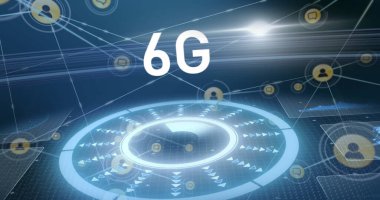 6G metin resmi, simgeler ve veri işleme ağları. Dijital olarak oluşturulmuş küresel bağlantılar, hesaplama ve veri işleme kavramı.