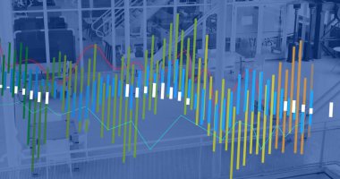 Boş ofis üzerinden finansal veri işleme resmi. Küresel finans, iş, bağlantılar, hesaplama ve veri işleme kavramı dijital olarak oluşturuldu.