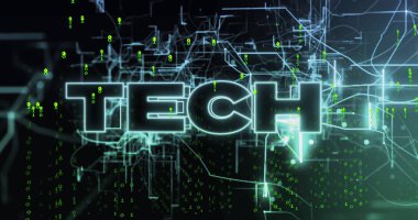 Veri işleme üzerinden teknik metin resmi ve siyah arkaplan üzerindeki bağlantılar. Küresel teknoloji, çevrimiçi güvenlik, bilgisayar ve dijital arayüz kavramı dijital olarak oluşturuldu.