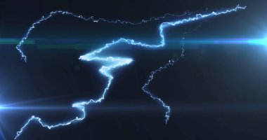 Image of glowing blue lightning flashes and white beam of light on dark background. electricity and communication technology concept digitally generated image. clipart