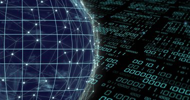 Dünya üzerinde ikili kodlama veri işleme görüntüsü. Küresel yapay zeka, bağlantılar, hesaplama ve veri işleme kavramı dijital olarak oluşturuldu.