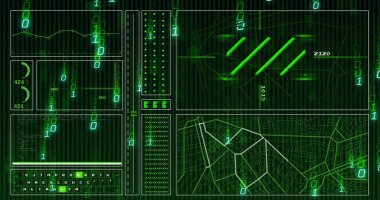 Siyah arkaplanda veri işleme resmi. Küresel teknoloji, çevrimiçi güvenlik, bilgisayar ve dijital arayüz kavramı dijital olarak oluşturuldu.
