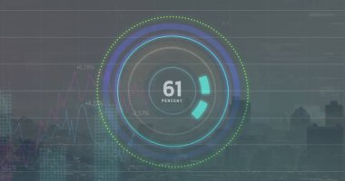 Yuvarlak tarayıcıda artan yüzdenin görüntüsü, şehir manzarasına karşı istatistiksel veri işleme. Bilgisayar arayüzü ve iş veri teknolojisi kavramı