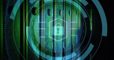 Yuvarlak tarayıcıda güvenlik asma kilit simgesi ve dönen dünyayı bilgisayar sunucu odasında görüntülemek. Siber güvenlik ve iş veri depolama teknolojisi kavramı