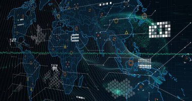 Dünya haritası ve kara zemin üzerindeki dünya ile veri işleme resmi. Küresel teknoloji, iletişim, hesaplama ve dijital arayüz kavramı dijital olarak oluşturuldu.