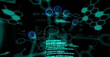 Biyometrik el izi üzerinde DNA iplikçikleri ve veri işleme resmi. küresel çevrimiçi kimlik, veri işleme, teknoloji ve dijital arayüz dijital olarak oluşturulmuş resim.