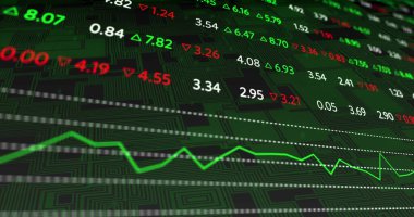 Siyah arka planda devre kartından finansal veri işleme resmi. Küresel finans, iş, bağlantılar, hesaplama ve veri işleme kavramı dijital olarak oluşturuldu.