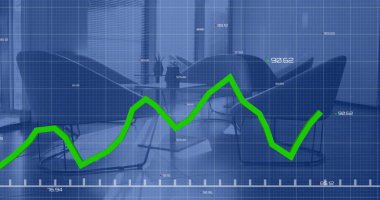 Boş ofis üzerinden finansal veri işleme resmi. Küresel finans, iş, bağlantılar, hesaplama ve veri işleme kavramı dijital olarak oluşturuldu.