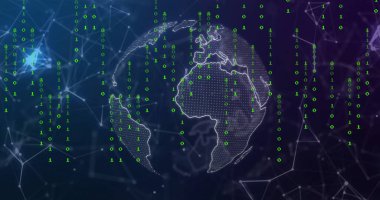 Dünya üzerinde veri işleme görüntüsü ve siyah arkaplandaki bağlantı ağı. Küresel teknoloji, çevrimiçi güvenlik, bilgisayar ve dijital arayüz kavramı dijital olarak oluşturuldu.