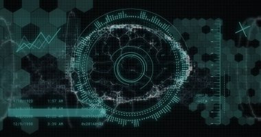 Siyah arkaplan üzerinde insan beyni ve dijital veri işleme görüntüsü. Küresel bilim, bağlantılar, hesaplama ve veri işleme kavramı dijital olarak oluşturulmuş görüntü.