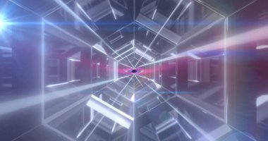Altıgen tünel görüntüsü ve siyah arkaplan üzerinde çok renkli dinamik desen. Dijital olarak üretilmiş, hologram, illüstrasyon, aydınlanma, soyut, gelecek ve teknoloji kavramı.