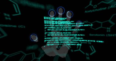 Biyometrik el izi üzerinde veri işleme resmi. küresel çevrimiçi kimlik, veri işleme, teknoloji ve dijital arayüz dijital olarak oluşturulmuş resim.