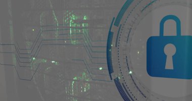 Sunucu odasında asma kilit simgesiyle tarama alanı görüntüsü. Küresel teknoloji, bilgisayar, çevrimiçi güvenlik ve dijital arayüz kavramı dijital olarak oluşturulmuş görüntü.