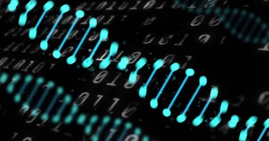 Siyah arkaplandaki veri işleme üzerindeki DNA iplikçiklerinin resmi. Küresel bilim, tıp, bilgisayar ve dijital arayüz kavramı dijital olarak oluşturulmuş görüntü.