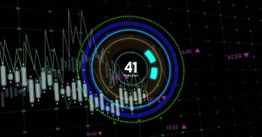 Mavi yükleme halkası üzerindeki grafik işleme verisinin resmi ve siyah arka planda yüzde büyüyen bir görüntü. Bağlantı, veri, işleme, dijital arayüz ve iletişim, dijital olarak oluşturulmuş resim.
