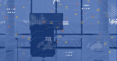 Boş bir ofisteki masanın üzerinde finansal veri işleme resmi. Küresel finans, iş, bağlantılar, hesaplama ve veri işleme kavramı dijital olarak oluşturuldu.