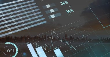Bulutlu gökyüzüne karşı modern şehir manzarası üzerinde bilgi arayüzü resmi. Dijital bileşik, çoklu pozlama, rapor, iş, büyüme, ilerleme, küresel, binalar ve mimari konsept.