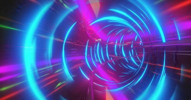 Siyah arkaplanda hareket eden dairesel tünel ve çok renkli çizgilerin görüntüsü. Dijital olarak üretilmiş, hologram, illüstrasyon, aydınlanma, soyut, gelecek ve teknoloji kavramı.