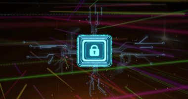 Siyah arkaplanda ışık izlerinin üzerinde bilgisayar devresi olan asma kilit simgesi. Küresel teknoloji, iletişim, hesaplama ve dijital arayüz kavramı dijital olarak oluşturuldu.