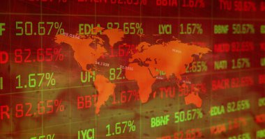 Dünya haritası ve alevler üzerinde finansal veri işleme görüntüsü. Küresel finans, iş, bağlantılar, hesaplama ve veri işleme kavramı dijital olarak oluşturuldu.