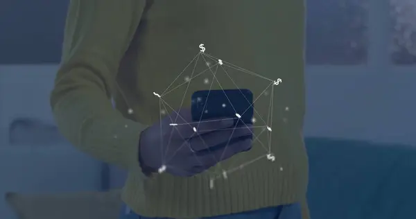 stock image Image of globe with connections over caucasian man using smartphone. Global finance, business, connections, computing and data processing concept digitally generated image.