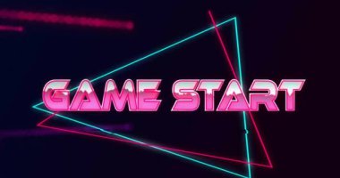 Oyunun animasyonu mavi ve kırmızı noktalar üzerinde metne başla. Teknoloji, iş ve dijital arayüz kavramı, dijital olarak üretilen video.