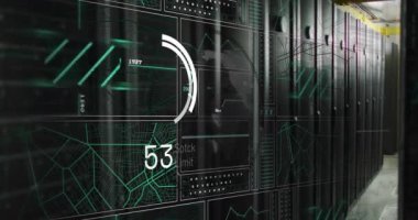 Dünya ve sunucu odasında veri işleme animasyonu. Teknoloji ve dijital arayüz kavramı, dijital olarak oluşturulmuş video.