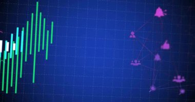 Diyagramlar üzerinde medya simgelerinin canlandırılması. Teknoloji, iş ve dijital arayüz kavramı, dijital olarak üretilen video.